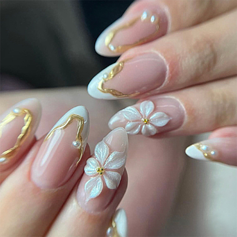 Nail Art Full Design - 24 stuks Bloem Lange Amandelvormige Opzetnagels
