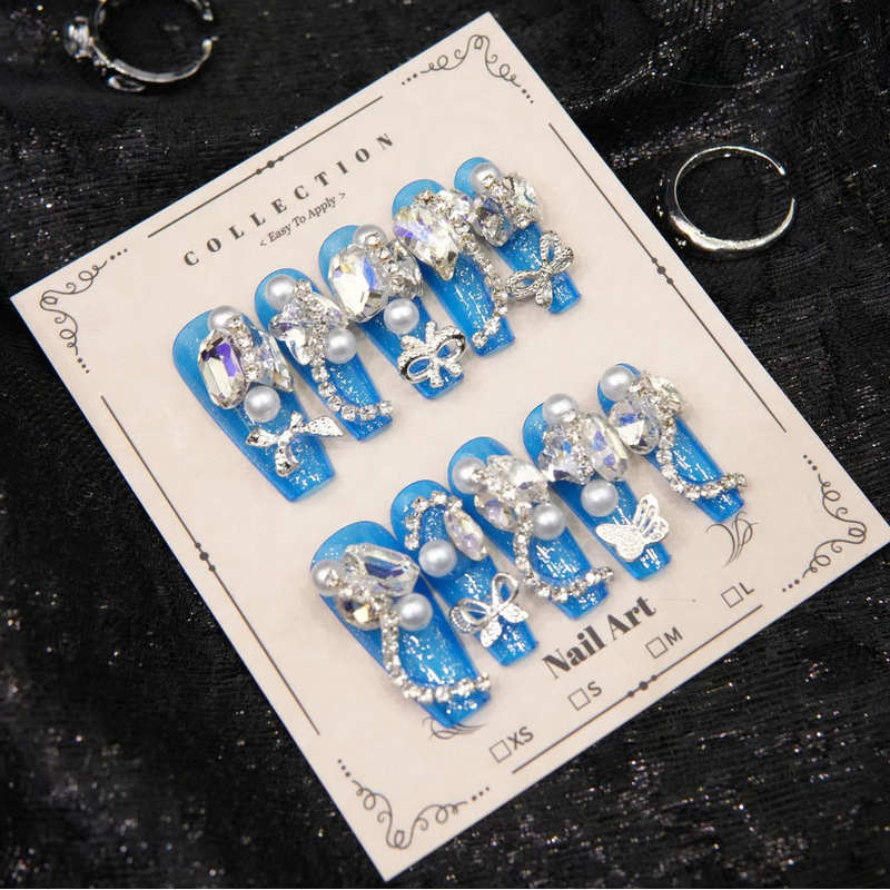 Nail Art Glitter - Handgemaakte vierkante opzetnagels, helderblauw met glitter,
