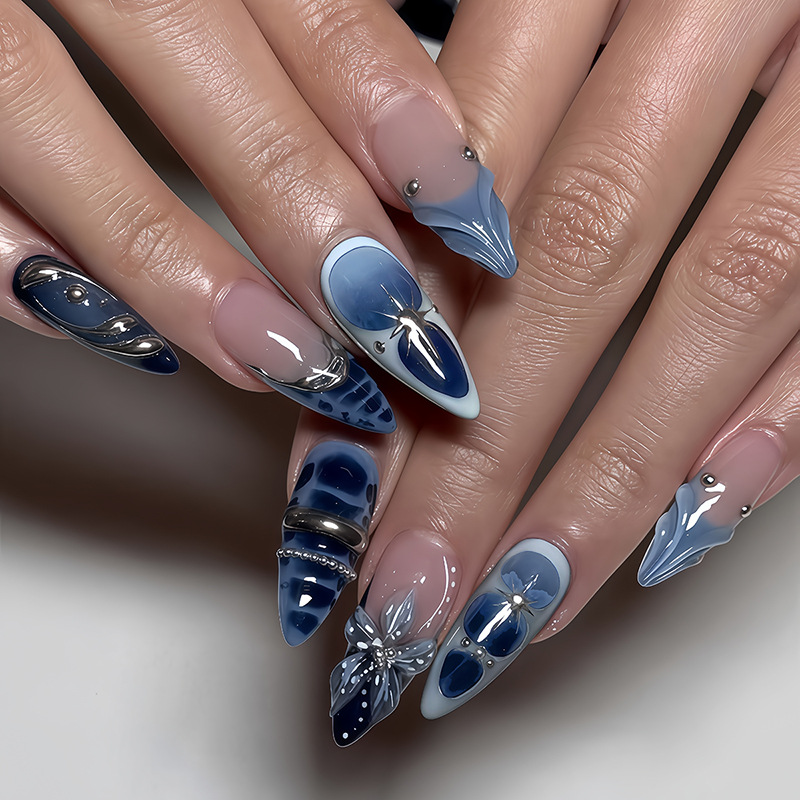 Nail Art Full Design - 24 stuks middellange amandelvormige kunstnagels blauw